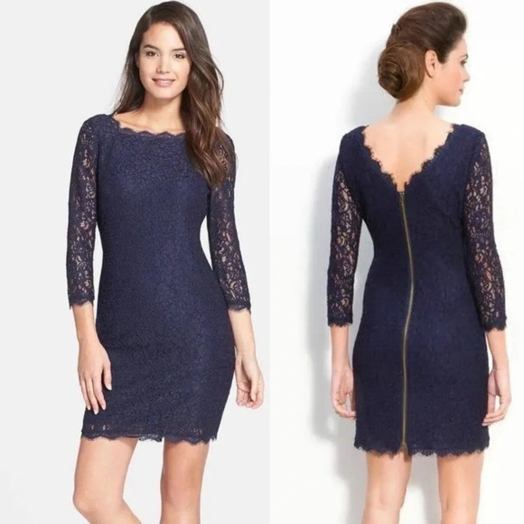 ADRIANNA PAPELL EVENING Anthropologie Navy Lace Overlay Back Zip 8 Square Neck - Picture 1 of 16